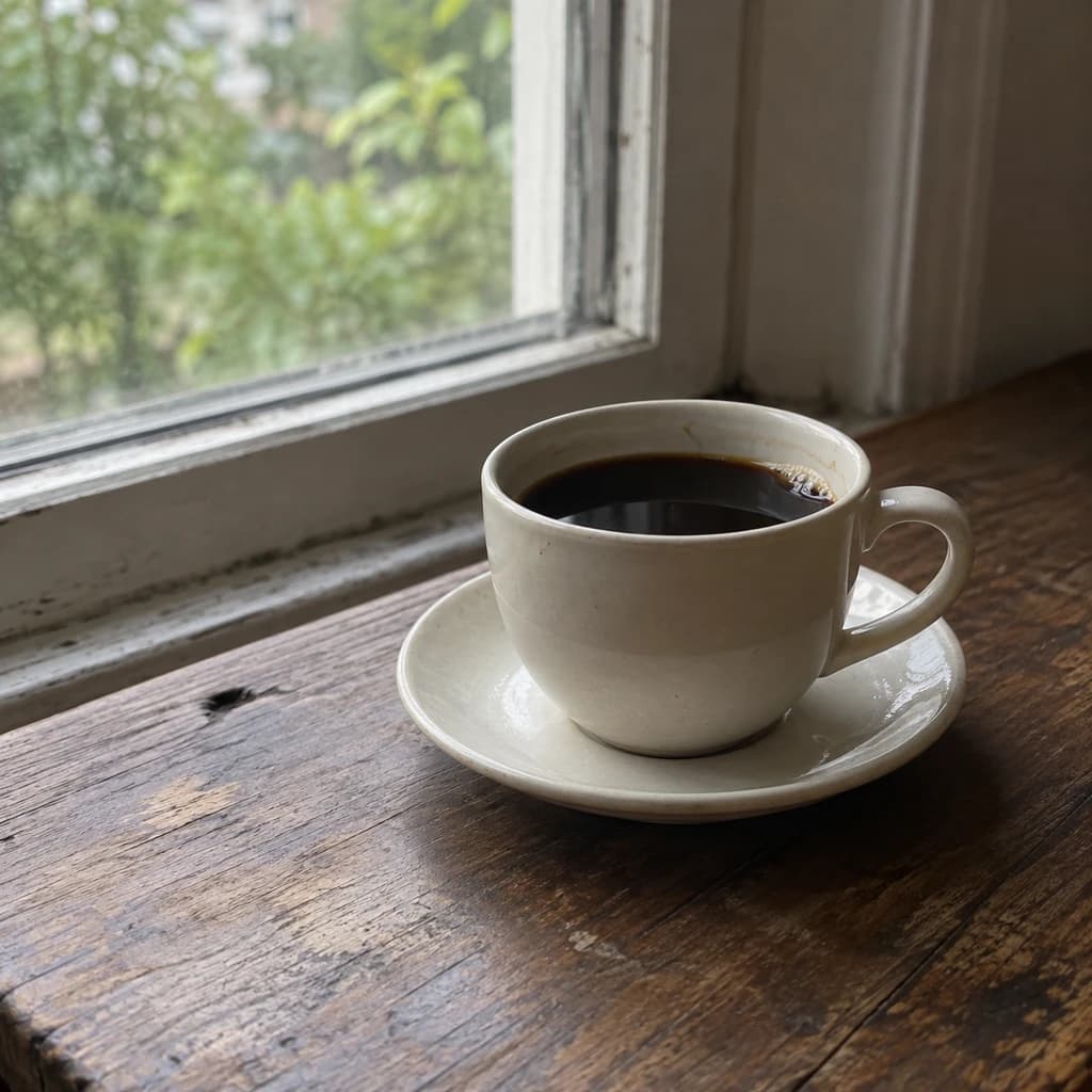 A plain ceramic cup of coffee beside the window.