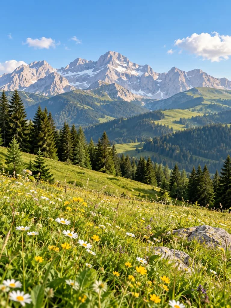 Wildflowers beneath a sunlit mountain range.